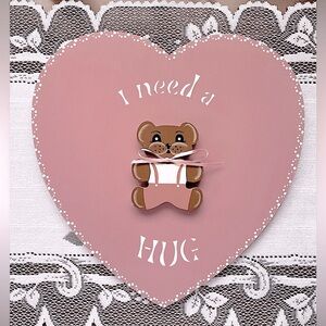 💗 I Need a Hug Wall Hanging 💗 Heart Shaped Teddy Bear Wood Plaque, Mauve Pink